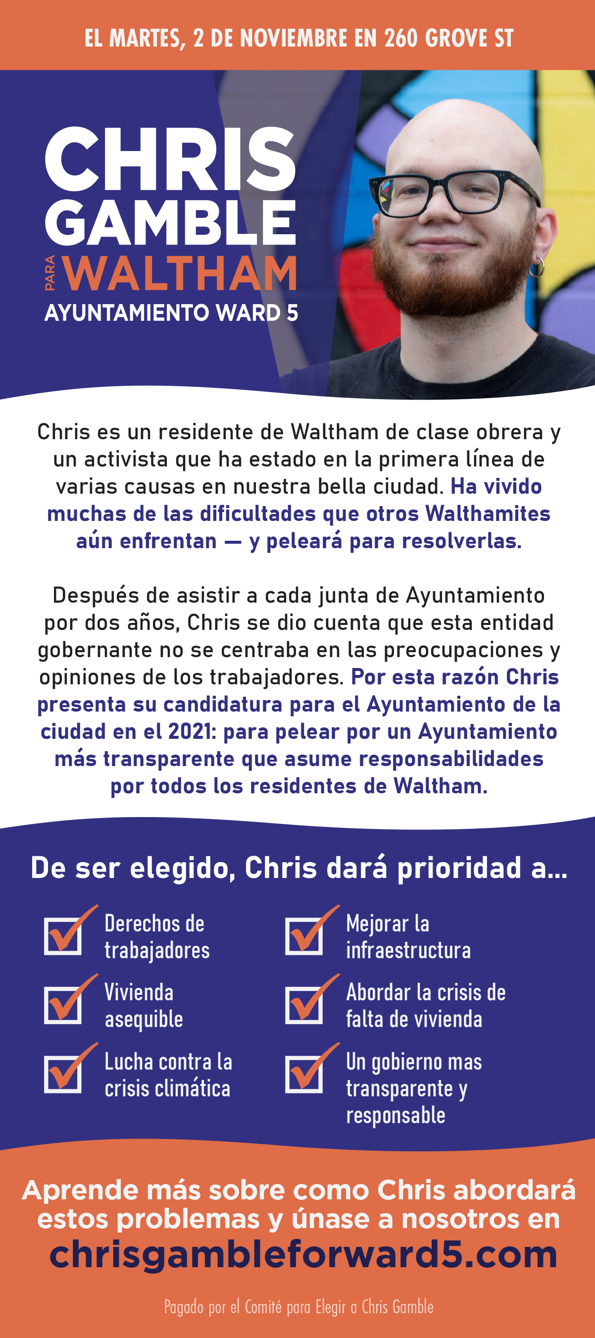 Palm card about Chris and why he''s running for City Council.